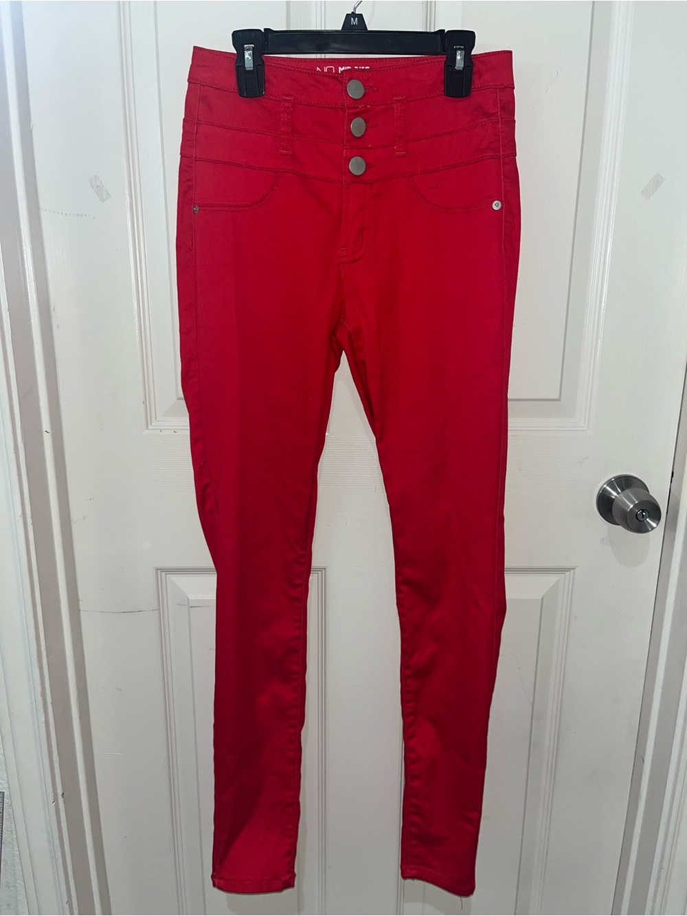 NOBO Red High-Rise Skinny Pants with Triple Button Waist
